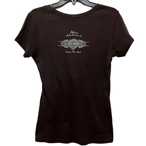 Harley Davidson Ladies Cut Brown Metallic Graphic Tee Ithaca HD Cayuta, NY Large - Picture 2 of 6